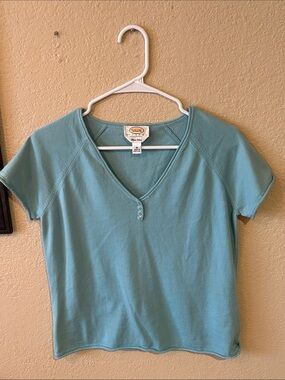 Talbots Petites Pima Cotton Short Sleeve Henley Top Blue Size M